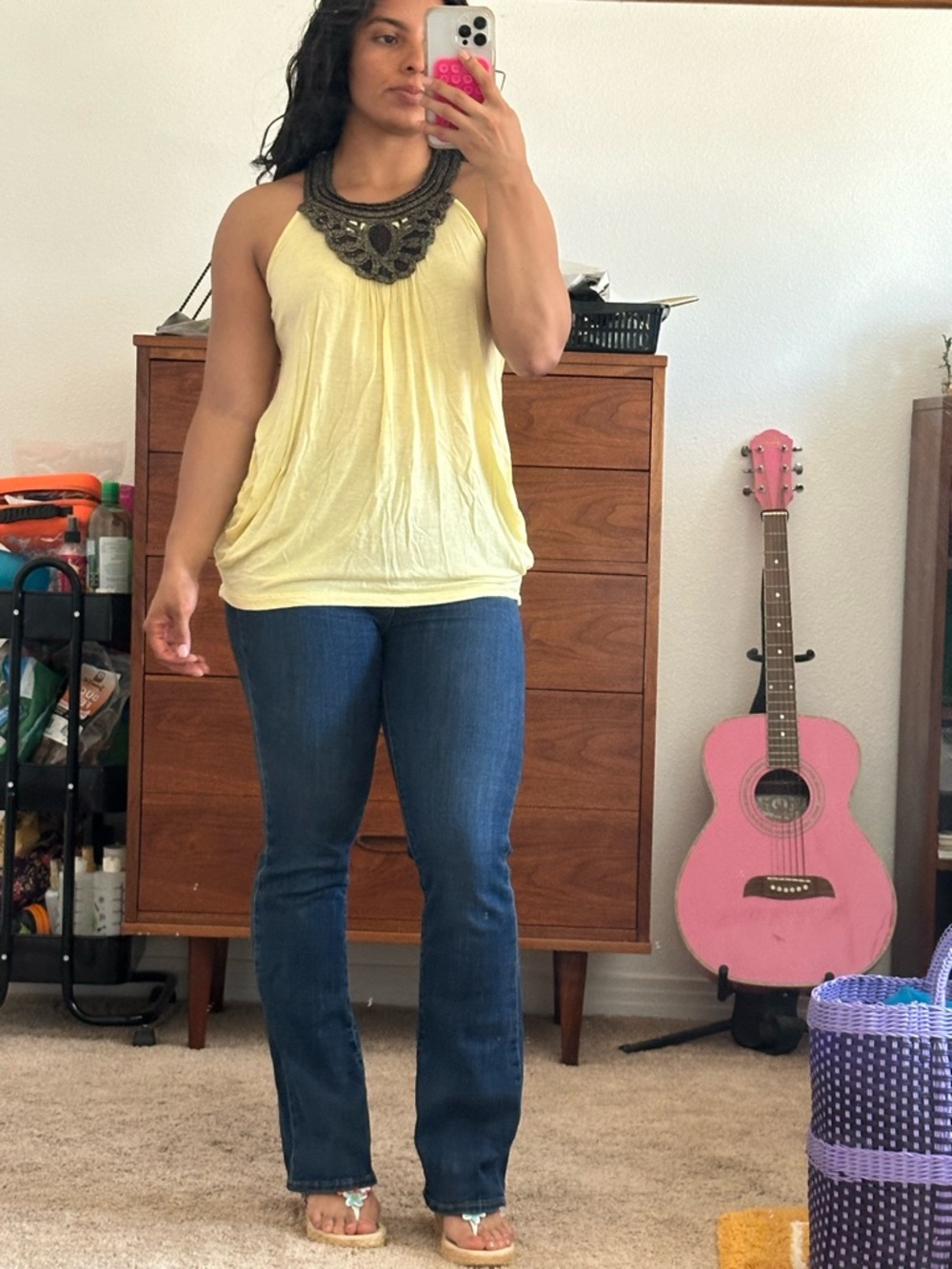 Y2K Bwear Yellow Halter Top with Black Crochet Neckline